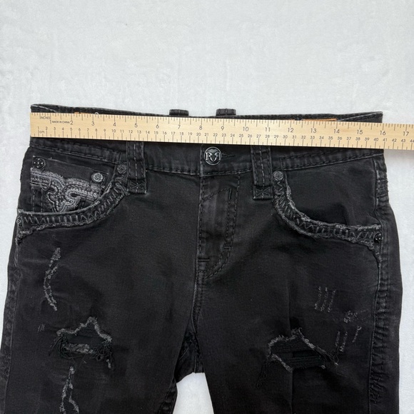 Rock Revival Mens Jean Shorts Size 32 Black Lorenzo Jorts Distressed Embroidery - Picture 6 of 14